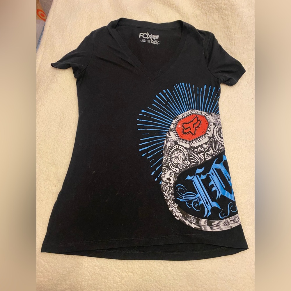 Fox Racing-black t-shirt with blue & red graphics-size Small